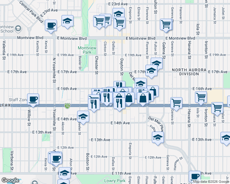 map of restaurants, bars, coffee shops, grocery stores, and more near 1539 Dayton Street in Aurora