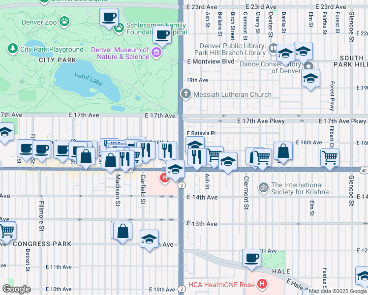 map of restaurants, bars, coffee shops, grocery stores, and more near 1580 Colorado 2 in Denver