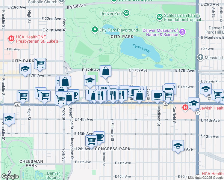 map of restaurants, bars, coffee shops, grocery stores, and more near 1546 Fillmore Street in Denver