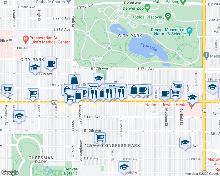 map of restaurants, bars, coffee shops, grocery stores, and more near 1538 Detroit Street in Denver