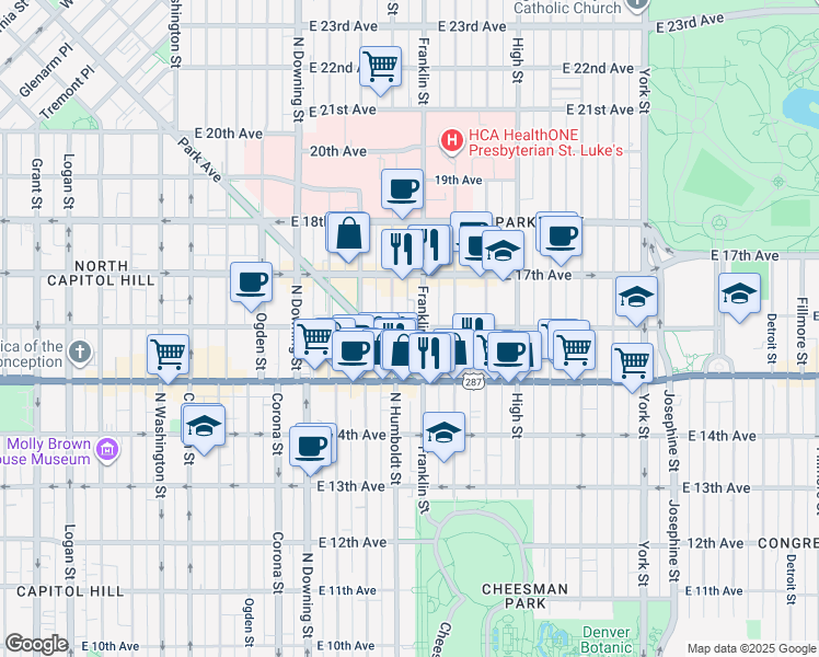 map of restaurants, bars, coffee shops, grocery stores, and more near 1544 Franklin Street in Denver