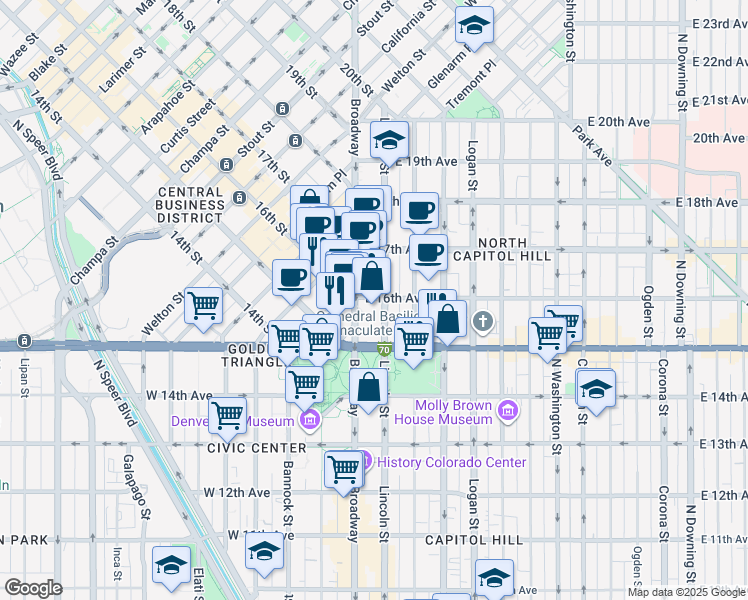 map of restaurants, bars, coffee shops, grocery stores, and more near in Denver