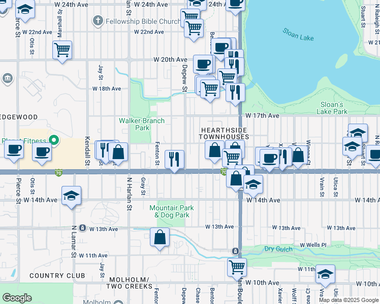 map of restaurants, bars, coffee shops, grocery stores, and more near 1533 Chase Street in Denver