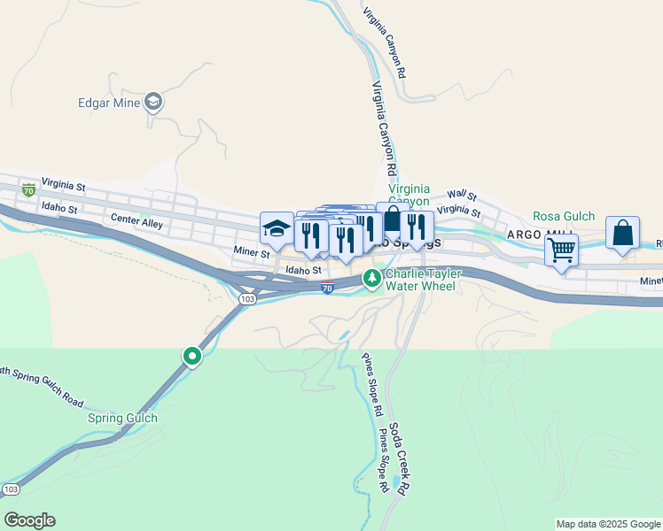 map of restaurants, bars, coffee shops, grocery stores, and more near 1441 Miner Street in Idaho Springs