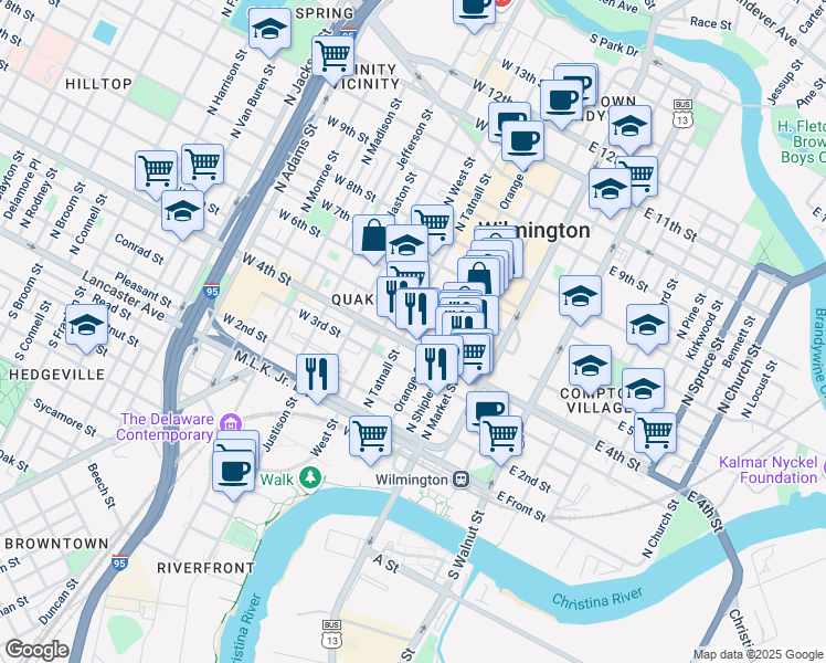map of restaurants, bars, coffee shops, grocery stores, and more near 317 North Orange Street in Wilmington
