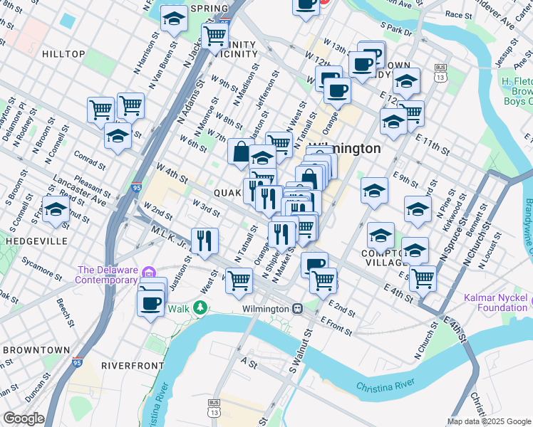 map of restaurants, bars, coffee shops, grocery stores, and more near 225 West 4th Street in Wilmington