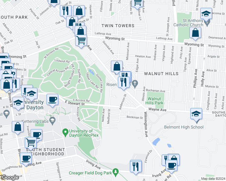 map of restaurants, bars, coffee shops, grocery stores, and more near 153 Medford Street in Dayton
