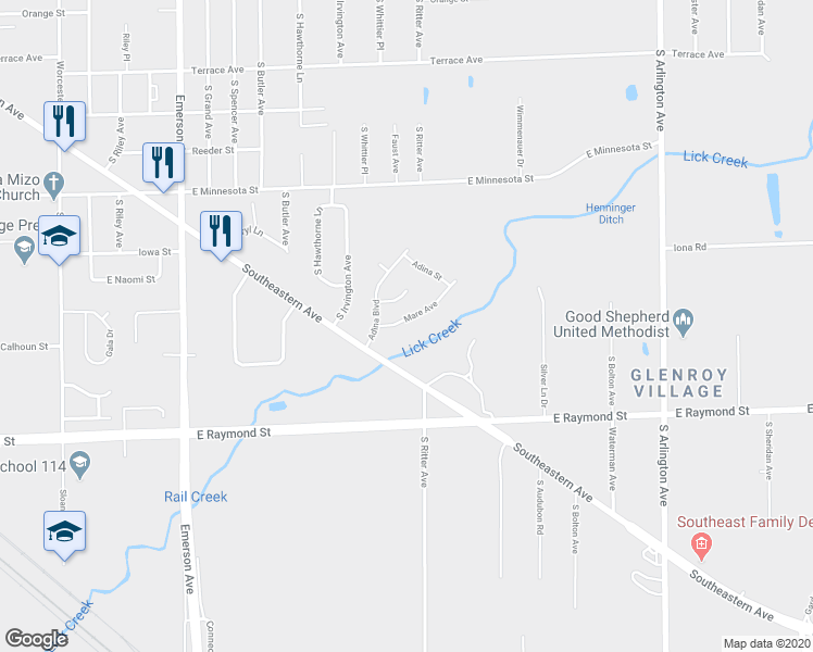 map of restaurants, bars, coffee shops, grocery stores, and more near 1991 Mare Avenue in Indianapolis