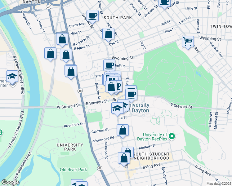 map of restaurants, bars, coffee shops, grocery stores, and more near 210 East Stewart Street in Dayton