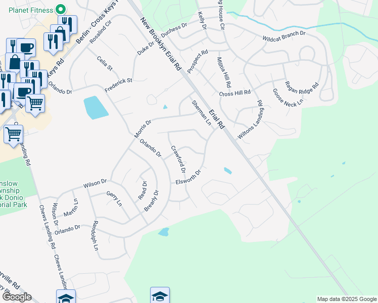 map of restaurants, bars, coffee shops, grocery stores, and more near 3 Meade Court in Sicklerville