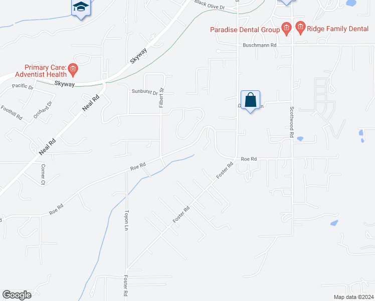 map of restaurants, bars, coffee shops, grocery stores, and more near 454 Roe Road in Paradise