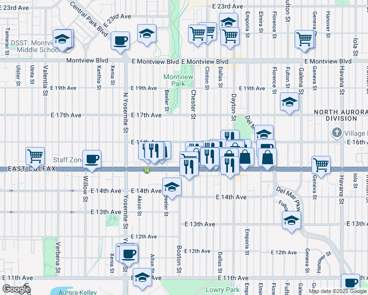 map of restaurants, bars, coffee shops, grocery stores, and more near 1533 Boston Street in Aurora
