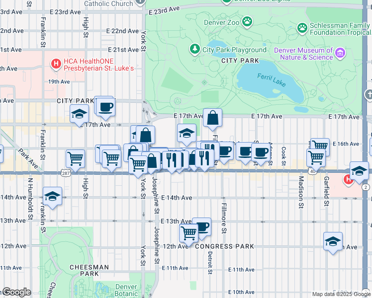 map of restaurants, bars, coffee shops, grocery stores, and more near 1600 City Park Esplanade in Denver