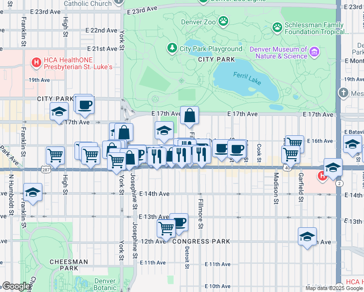 map of restaurants, bars, coffee shops, grocery stores, and more near 1580 Detroit Street in Denver