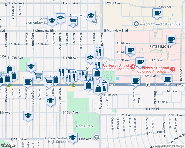 map of restaurants, bars, coffee shops, grocery stores, and more near 11980 East 16th Avenue in Aurora