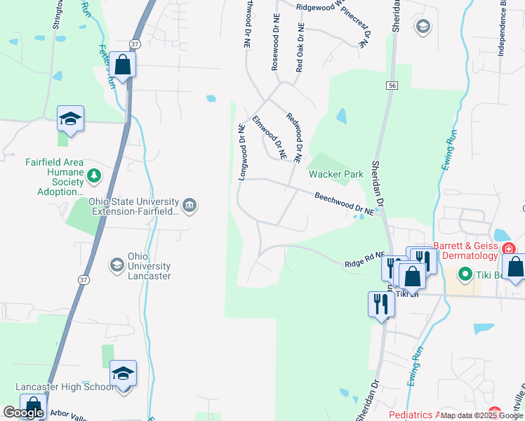 map of restaurants, bars, coffee shops, grocery stores, and more near 1175 Longwood Drive Northeast in Lancaster
