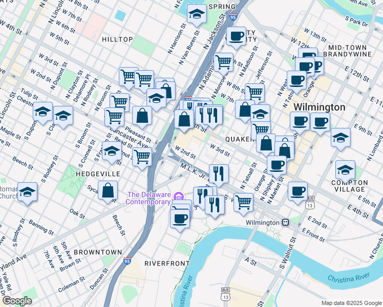 map of restaurants, bars, coffee shops, grocery stores, and more near 701 West 2nd Street in Wilmington
