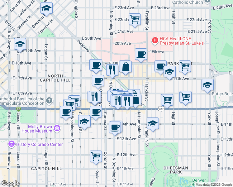 map of restaurants, bars, coffee shops, grocery stores, and more near 1544 North Downing Street in Denver