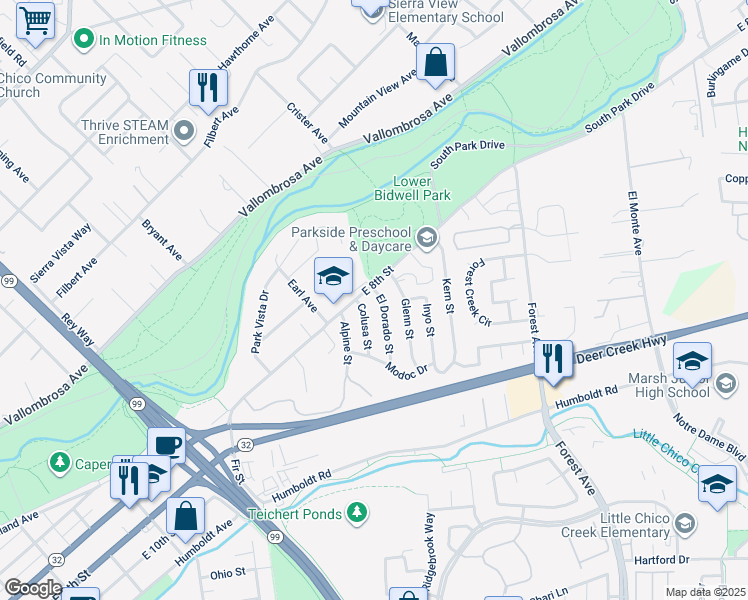 map of restaurants, bars, coffee shops, grocery stores, and more near 807 El Dorado Street in Chico