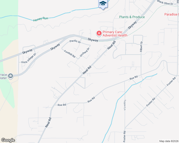 map of restaurants, bars, coffee shops, grocery stores, and more near 320 Oak Spring Road in Paradise