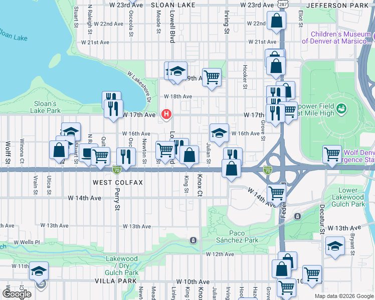 map of restaurants, bars, coffee shops, grocery stores, and more near 1532 King Street in Denver
