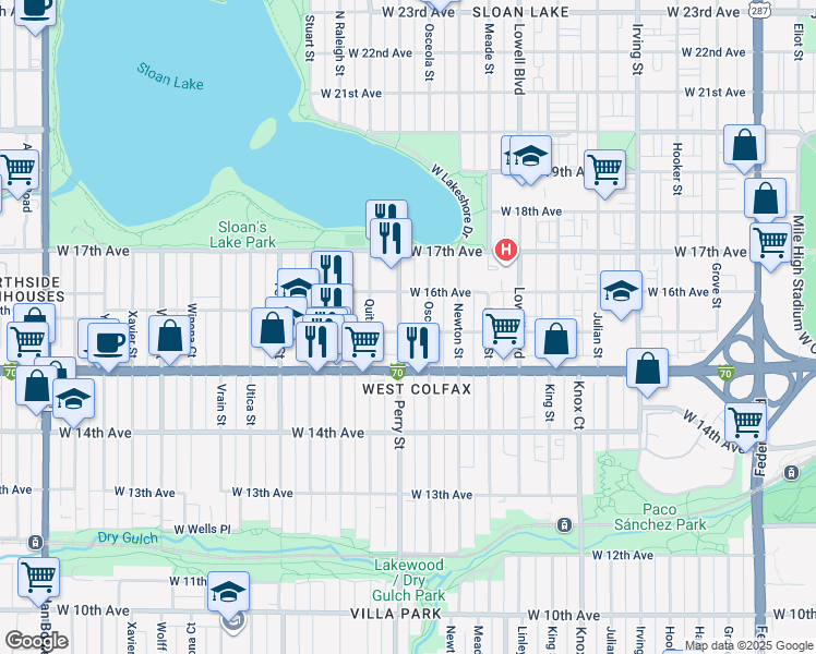 map of restaurants, bars, coffee shops, grocery stores, and more near 1550 Perry Street in Denver