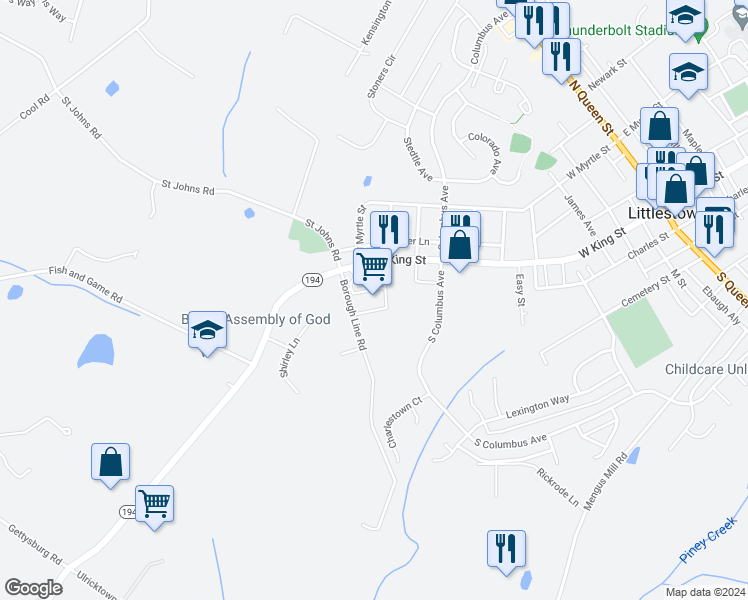 map of restaurants, bars, coffee shops, grocery stores, and more near 790 West King Street in Littlestown