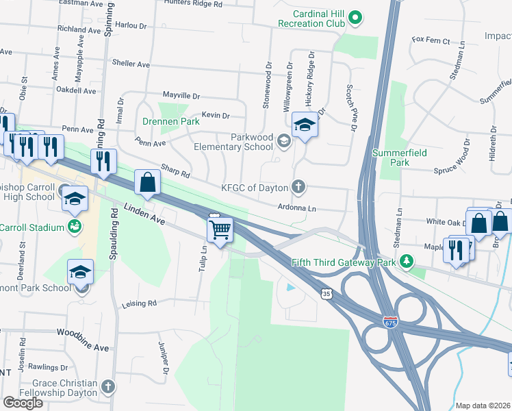 map of restaurants, bars, coffee shops, grocery stores, and more near 4475 Ardonna Lane in Dayton