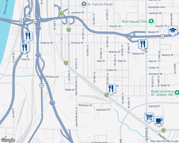 map of restaurants, bars, coffee shops, grocery stores, and more near 1323 Atchison Street in Saint Joseph