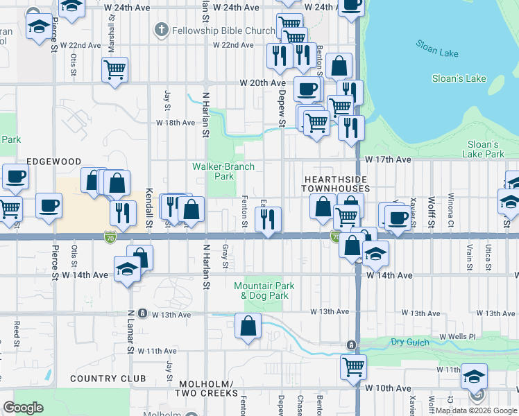 map of restaurants, bars, coffee shops, grocery stores, and more near 5799 West Colfax Avenue in Lakewood