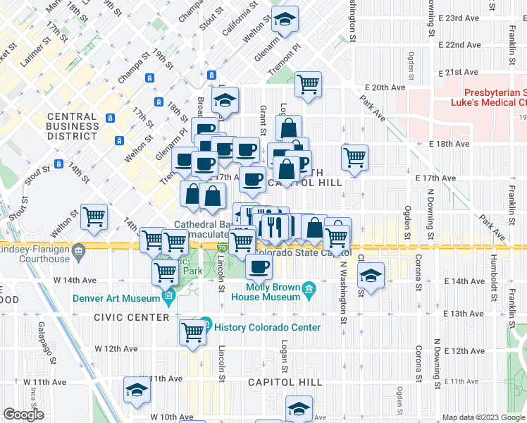 map of restaurants, bars, coffee shops, grocery stores, and more near E 16th Ave & Grant St in Denver
