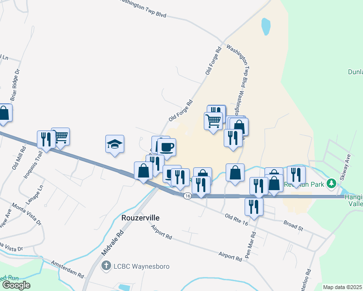 map of restaurants, bars, coffee shops, grocery stores, and more near 12937 Washington Township Boulevard in Waynesboro