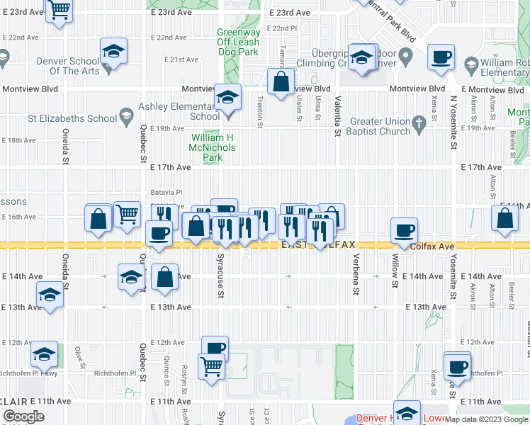 map of restaurants, bars, coffee shops, grocery stores, and more near 1580 Trenton Street in Denver