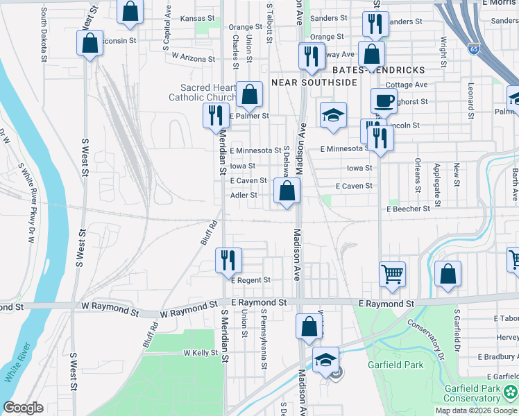 map of restaurants, bars, coffee shops, grocery stores, and more near 1925 Union Street in Indianapolis