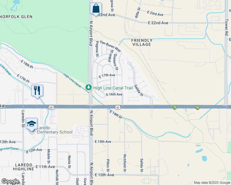 map of restaurants, bars, coffee shops, grocery stores, and more near 1600 Pitkin Street in Aurora