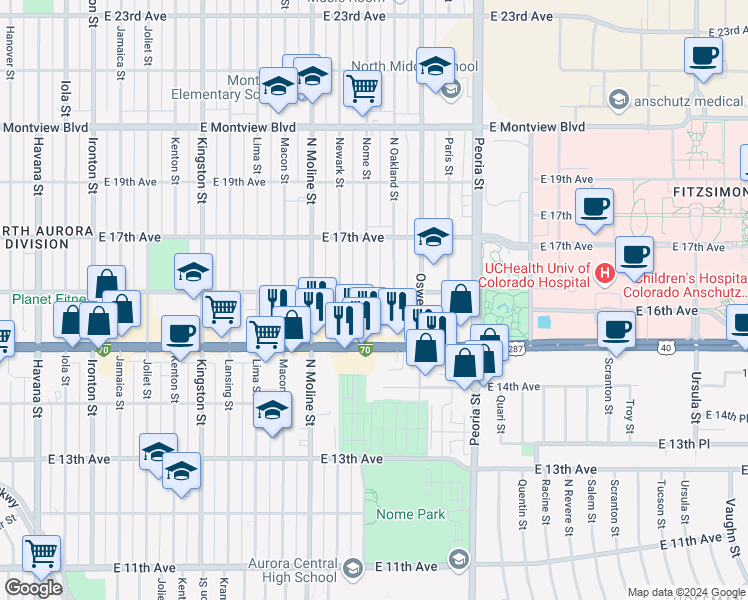 map of restaurants, bars, coffee shops, grocery stores, and more near 1530 Nome Street in Aurora