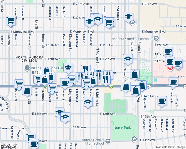 map of restaurants, bars, coffee shops, grocery stores, and more near 1545 Moline Street in Aurora