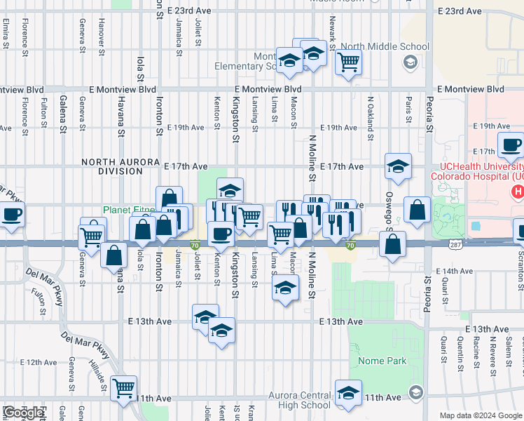 map of restaurants, bars, coffee shops, grocery stores, and more near 1531 Lima Street in Aurora