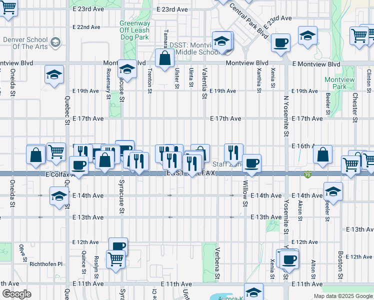 map of restaurants, bars, coffee shops, grocery stores, and more near 1538 Ulster Street in Denver