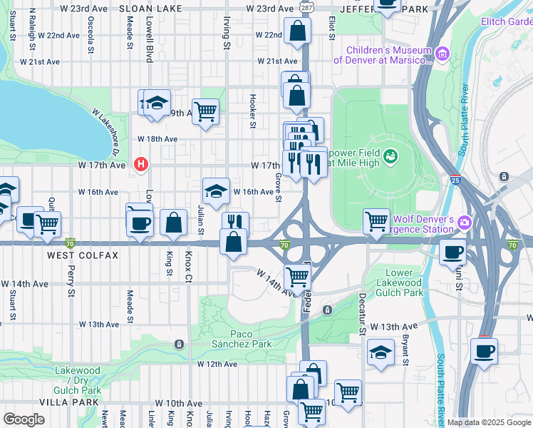 map of restaurants, bars, coffee shops, grocery stores, and more near 1535 Grove Street in Denver