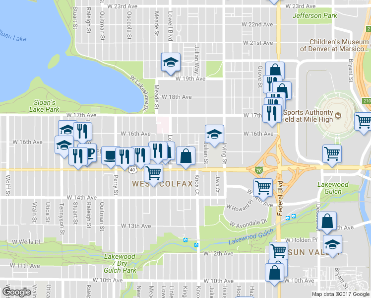 map of restaurants, bars, coffee shops, grocery stores, and more near 1520-1530 King Street in Denver
