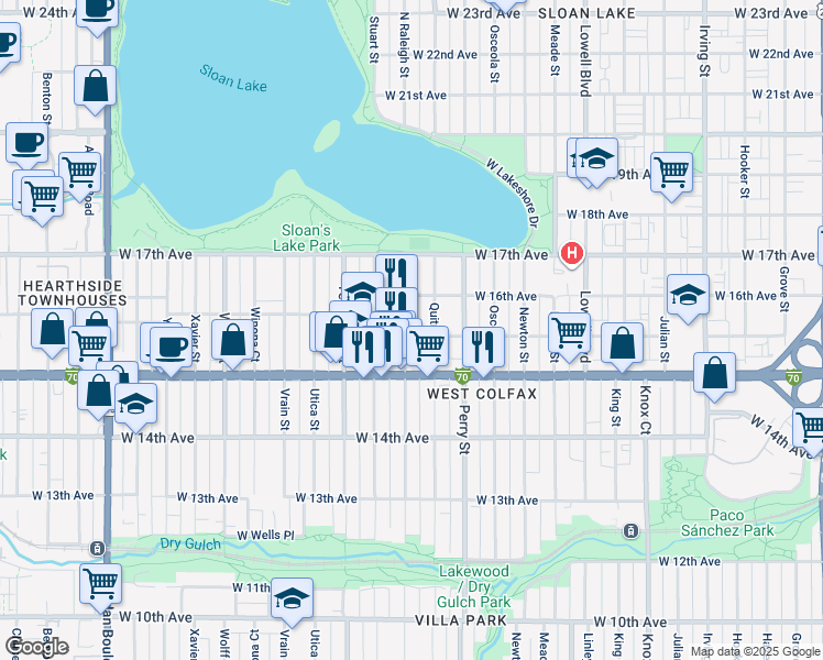 map of restaurants, bars, coffee shops, grocery stores, and more near in Denver