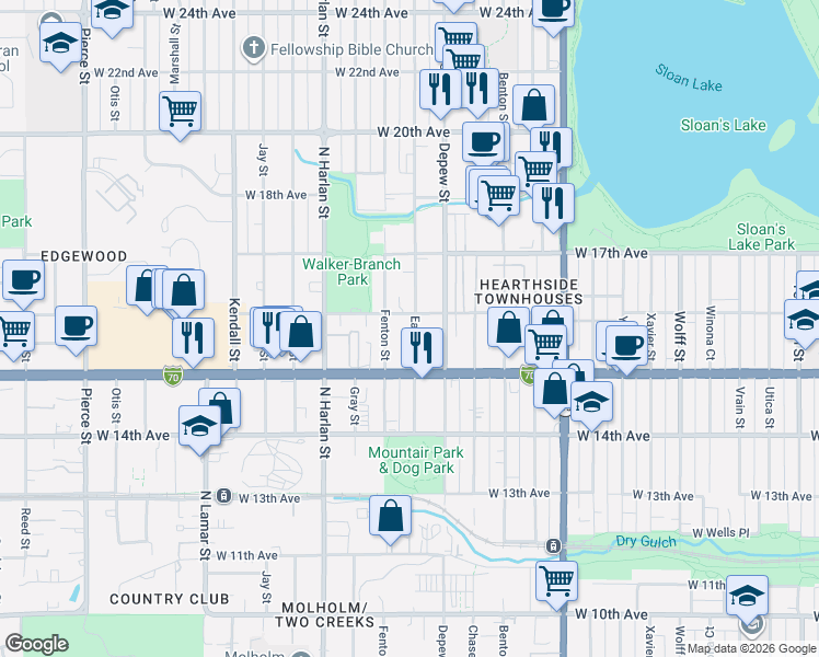 map of restaurants, bars, coffee shops, grocery stores, and more near 5799 West Colfax Avenue in Lakewood