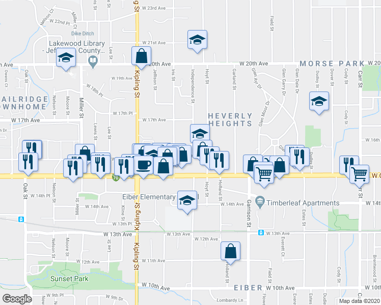 map of restaurants, bars, coffee shops, grocery stores, and more near 9605 Interstate 70 Business Loop in Lakewood