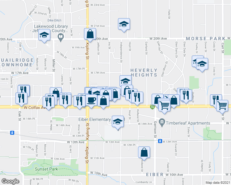 map of restaurants, bars, coffee shops, grocery stores, and more near 9605 Interstate 70 Business Loop in Lakewood