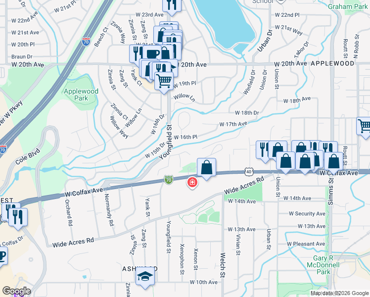 map of restaurants, bars, coffee shops, grocery stores, and more near 1530 Whippoorwill Drive in Lakewood