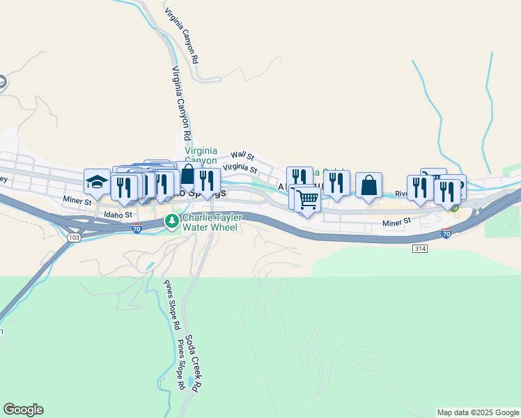 map of restaurants, bars, coffee shops, grocery stores, and more near 15 Waldorf Place in Idaho Springs