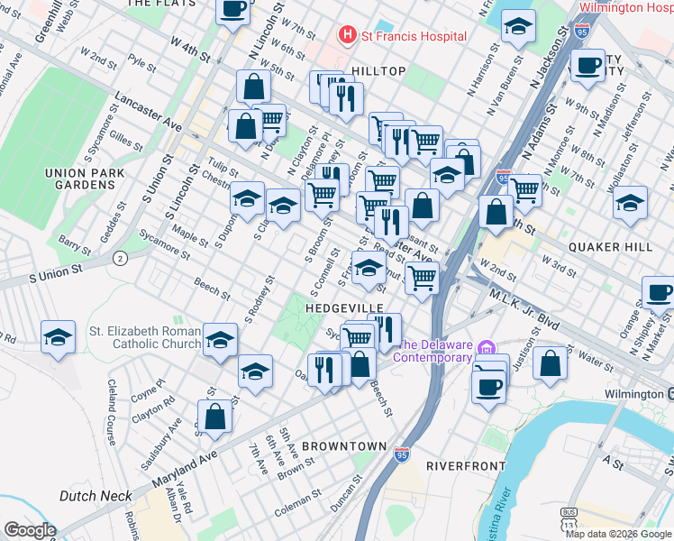 map of restaurants, bars, coffee shops, grocery stores, and more near 1237 Linden Street in Wilmington