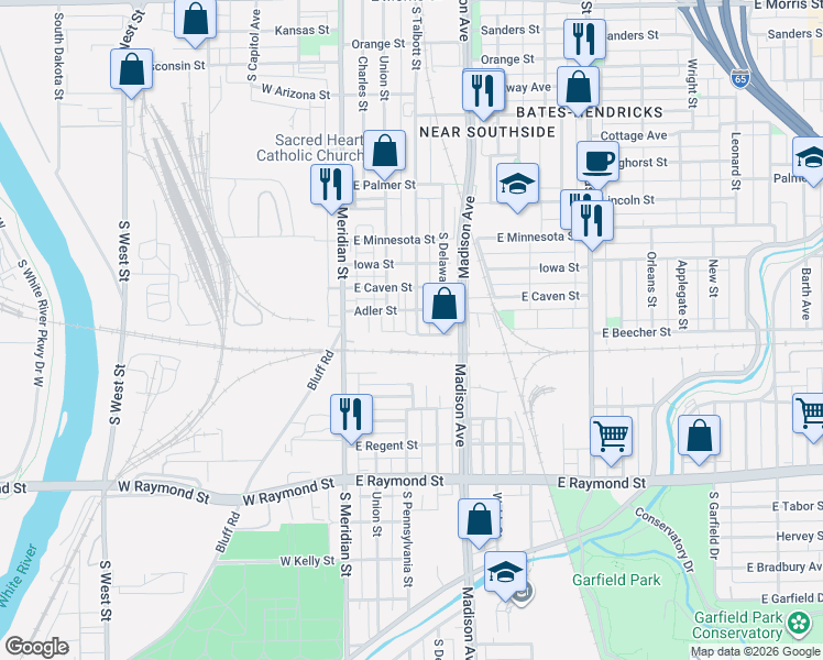 map of restaurants, bars, coffee shops, grocery stores, and more near 1925 Union Street in Indianapolis
