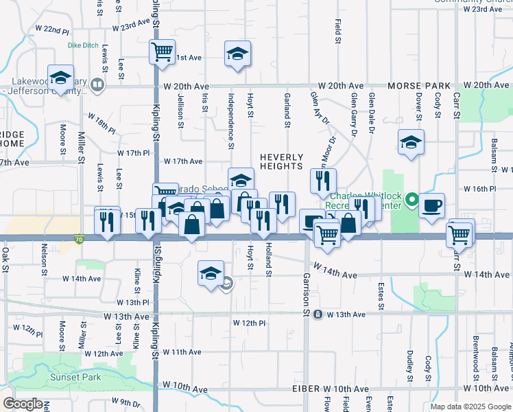 map of restaurants, bars, coffee shops, grocery stores, and more near 1600 Hoyt Street in Lakewood